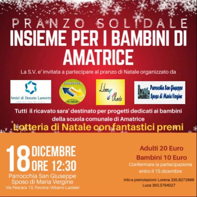 Albano, Parrocchia San Giuseppe, pranzo solidale per i bambini di Amatrice