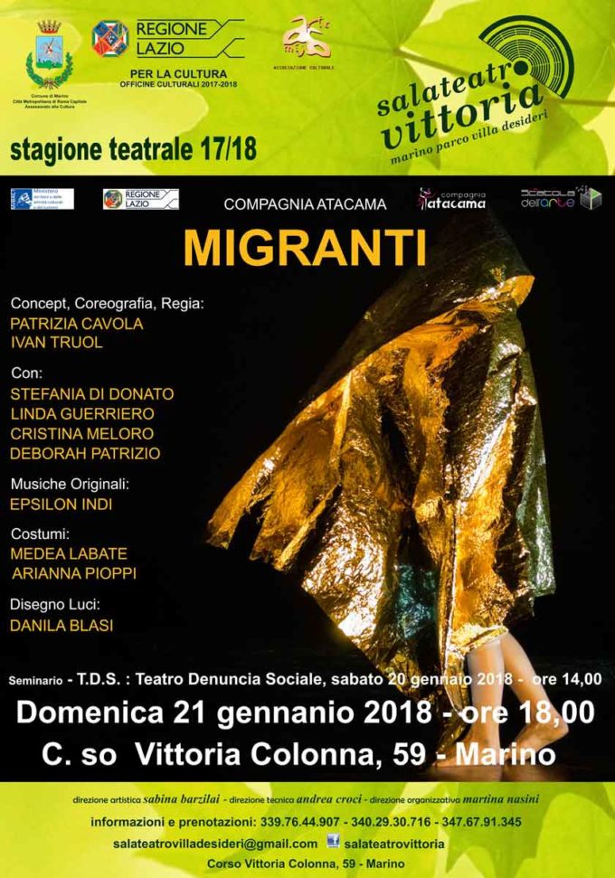 Sala Teatro Vittoria a Marino seminario gratuito  in vista dello spettacolo MIGRANTI