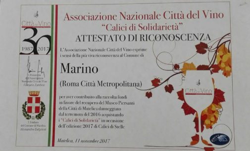 Attestato di riconoscenza al comune di Marino per “calici di solidarieta’ 2017”