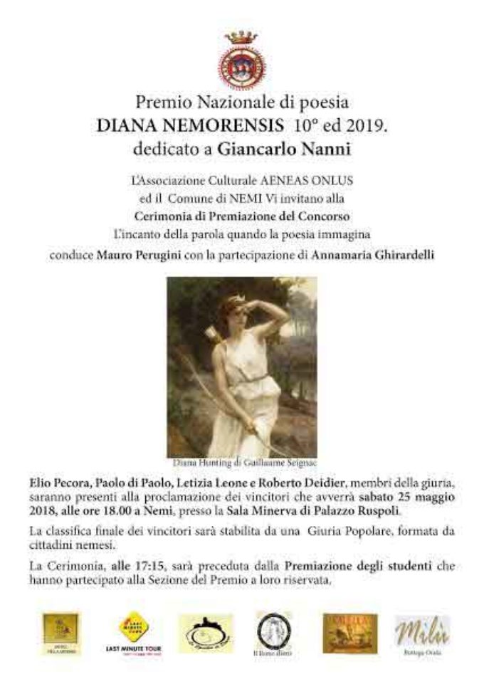 A Nemi il Premio Nazionale di Poesia “Diana Nemorensis” 2019 – X edizione.