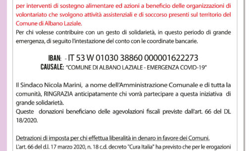 Albano Laziale, aperto conto corrente dedicato alle donazioni per il sostegno alimentare