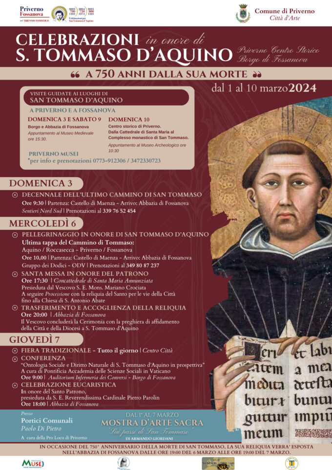 Celebrazioni in onore di San Tommaso d’Aquino a 750 anni dalla sua morte