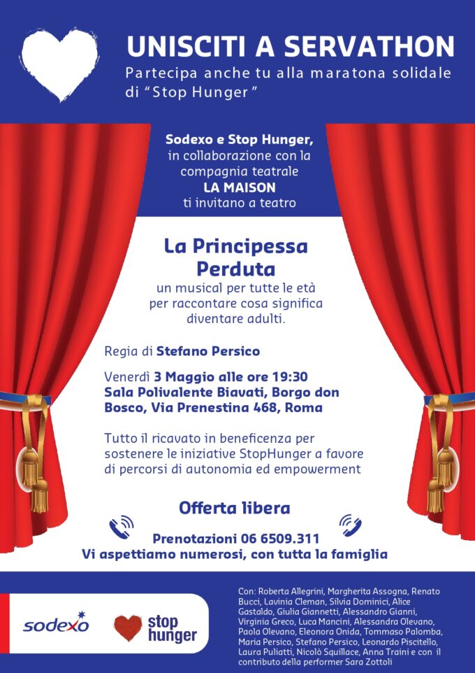 Sala Polivalente Biavati di Roma, venerdì 3 maggio un musical solidale per l’associazione Stop Hunger in favore di percorsi di autonomia ed empowerment femminile