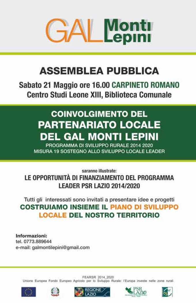 Carpineto R.no – 21/05 Assemblea pubblica GAL Monti Lepini