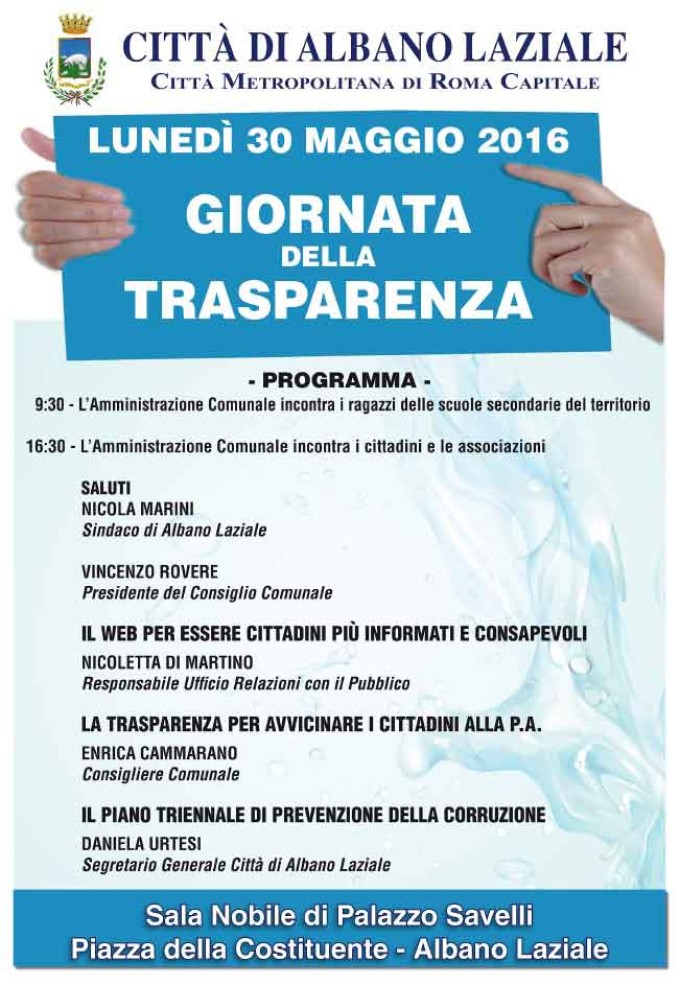 Albano, lunedì 30 maggio la “Giornata della Trasparenza”