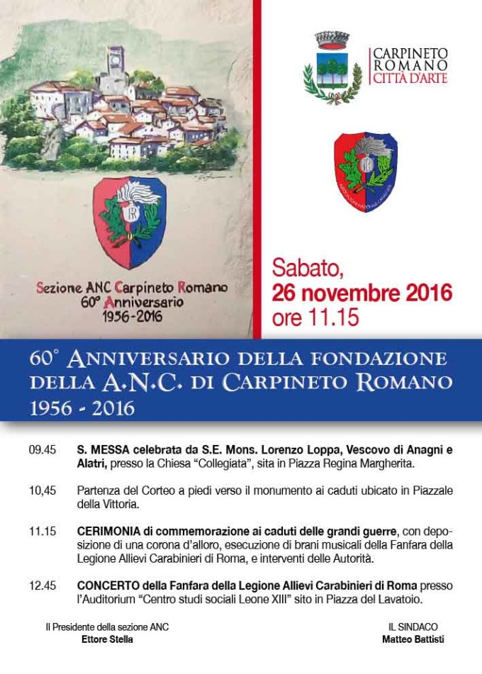 60° Anniversario ( 1956-2016 ) dell’Associazione Nazionale Carabinieri di Carpineto Romano