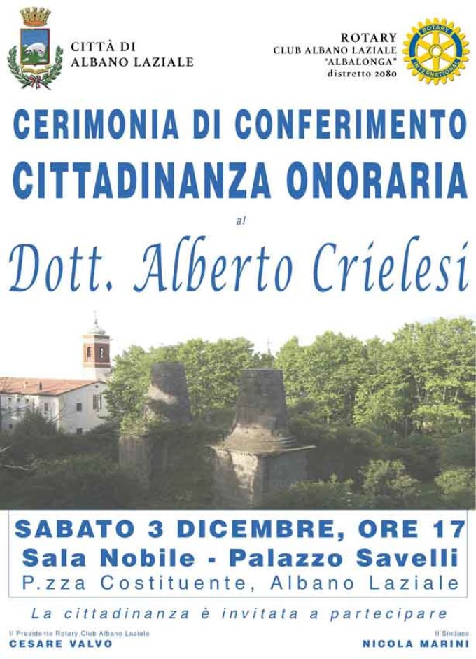 Albano – Conferita la cittadinanza onoraria ad Alberto Crielesi