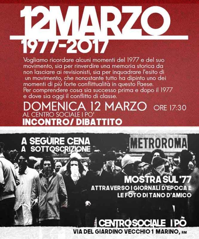 “12 Marzo 1977” Incontro-Dibattito Al Centro Sociale Ipo’ Di Marino