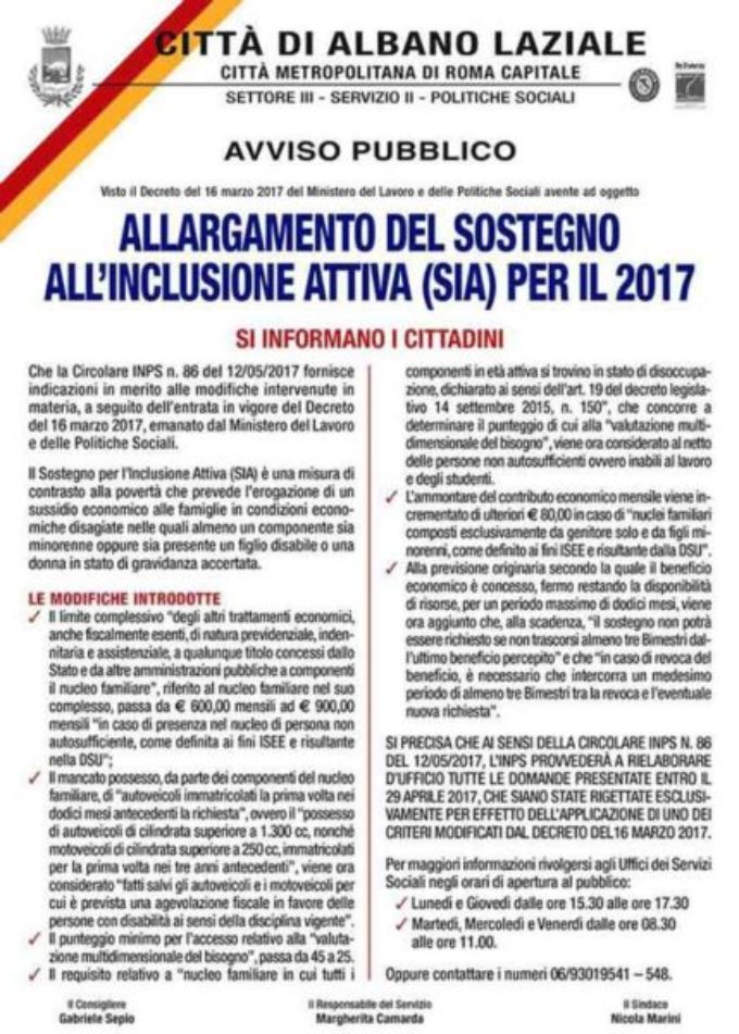 Albano Laziale, Politiche Sociali: allargamento del Sostegno all’Inclusione Attiva