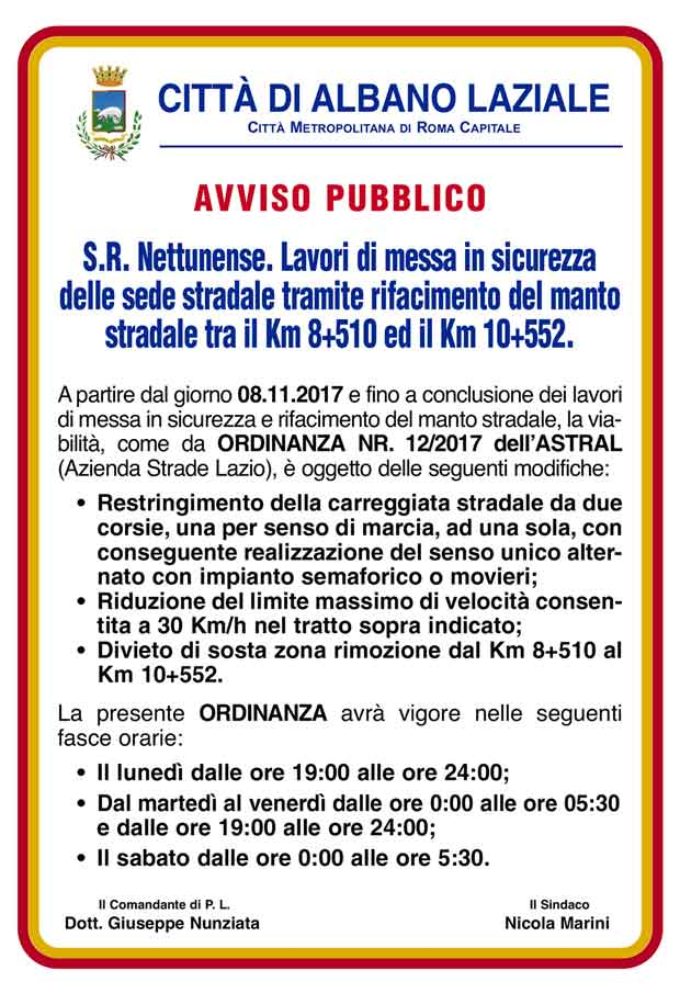 Albano Laziale, Cecchina: lavori ASTRAL su Via Nettunense e modifiche alla viabilità