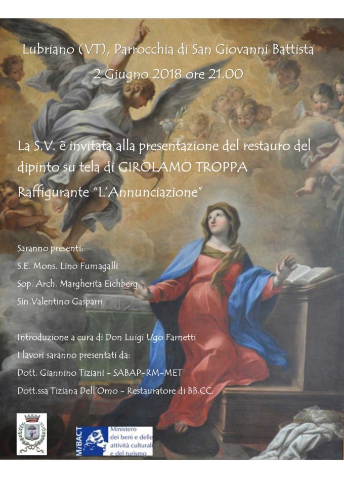 Lubriano (Vt) – Il restauro dell’Annunciazione di Gerolamo Troppa  Conferenza di presentazione