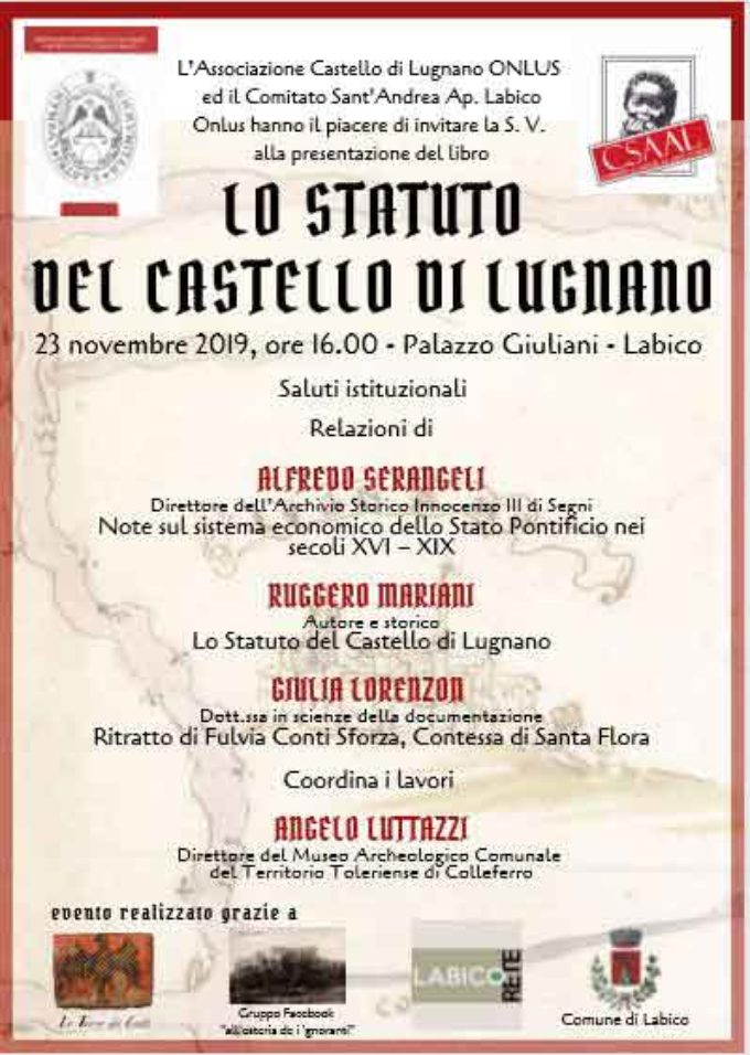 Labico, storia locale e cultura: sabato la presentazione de “Lo Statuto del Castello di Lugnano”