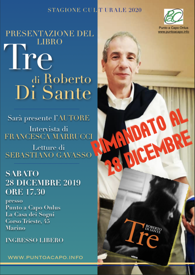 Marino: torna Roberto Di Sante a presentare il libro ‘Tre’ a Punto a Capo Onlus