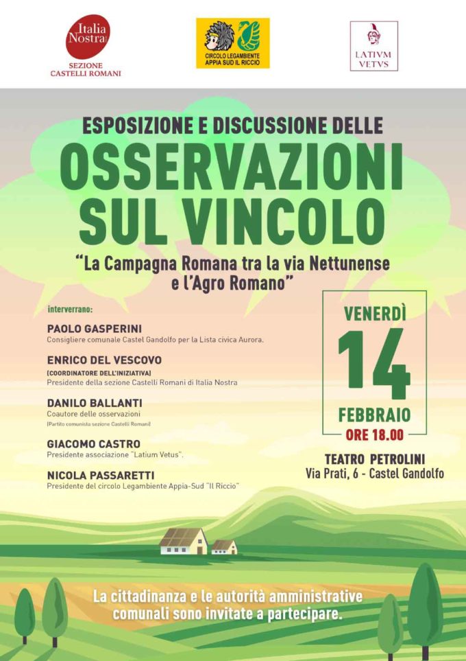 Presentazione-dibattito pubblico sulle OSSERVAZIONI al VINCOLO del MIBAC su CASTEL GANDOLFO – MARINO – ALBANO