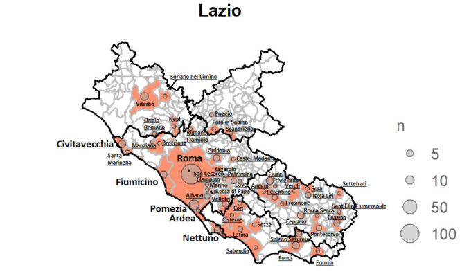 LA MAPPA AGGIORNATA PER COMUNE DELLA DIFFUSIONE DEL CORONAVIRUS NELLA REGIONE LAZIO