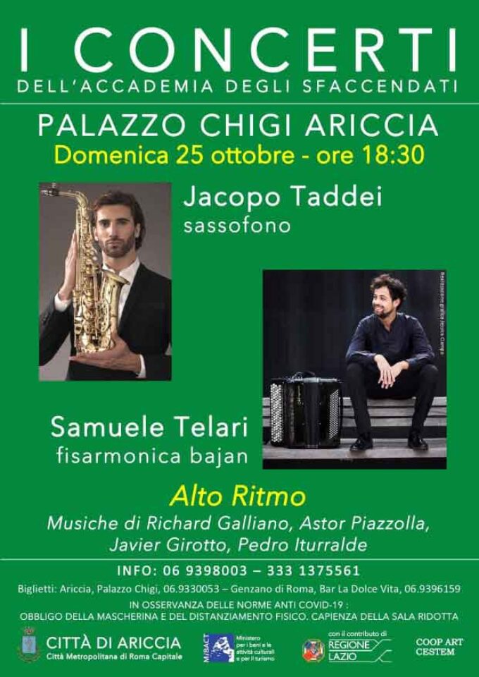 “Alto Ritmo” col saxofono di Jacopo Taddei e la fisarmonica bajan di Samuele Telari al Palazzo Chigi di Ariccia