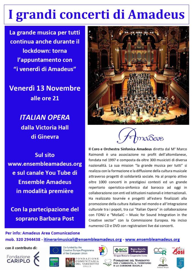 “Italian Opera”: Venerdì 13 Novembre concerto online del coro e orchestra sinfonica Amadeus