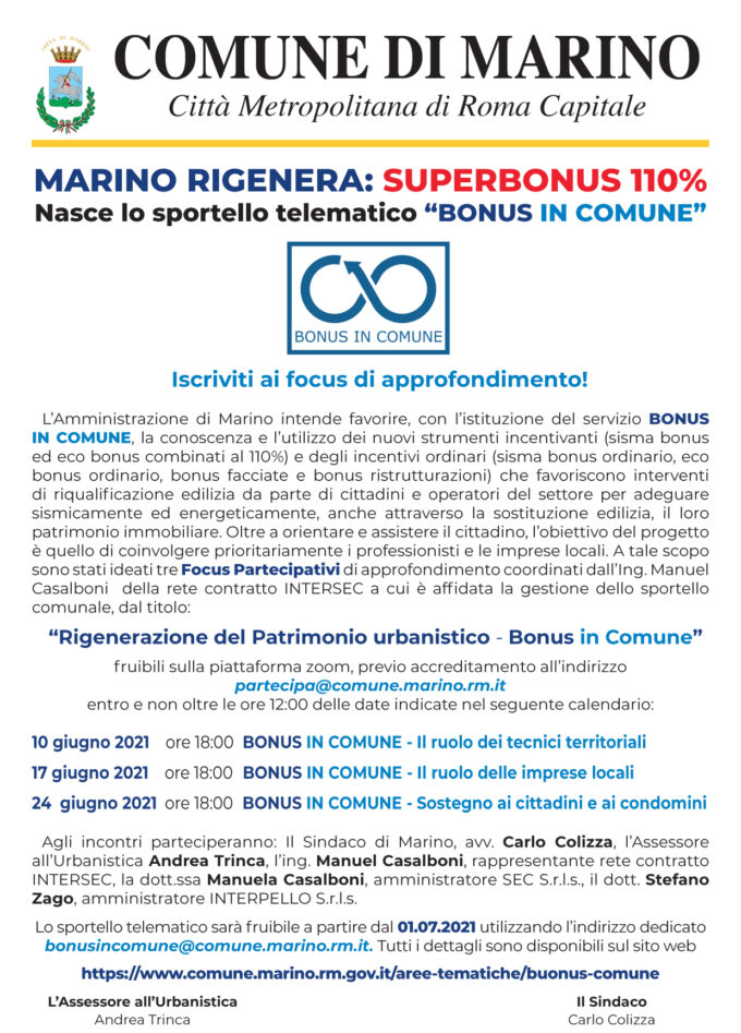     MARINO RIGENERA: SUPERBONUS 110%  Nasce lo sportello telematico “BONUS IN COMUNE”