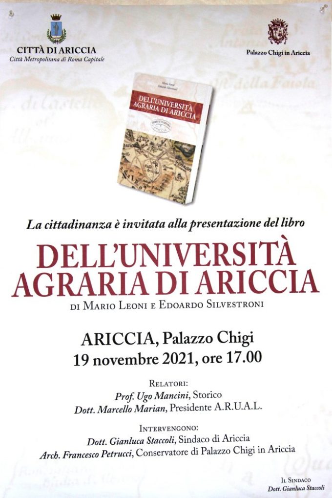 “Dell’università agraria di Ariccia” il volume di Leoni e Silvestroni venerdì 19 a Palazzo Chigi