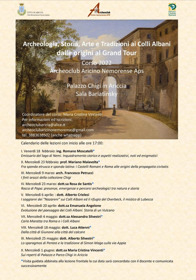 ARICCIA – Corso di “ARCHEOLOGIA, STORIA, ARTE E TRADIZIONI AI COLLI ALBANI DALLE ORIGINI AL GRAND TOUR”