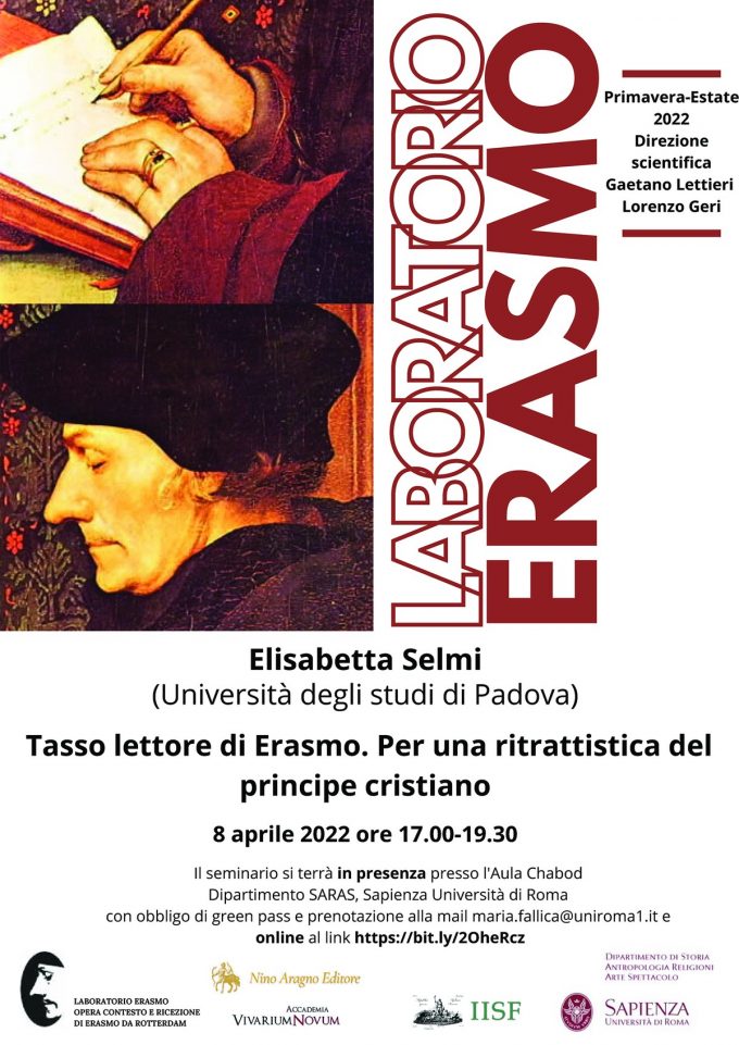 8 aprile, La Sapienza:”Tasso lettore di Erasmo. Per una ritrattistica del principe cristiano”