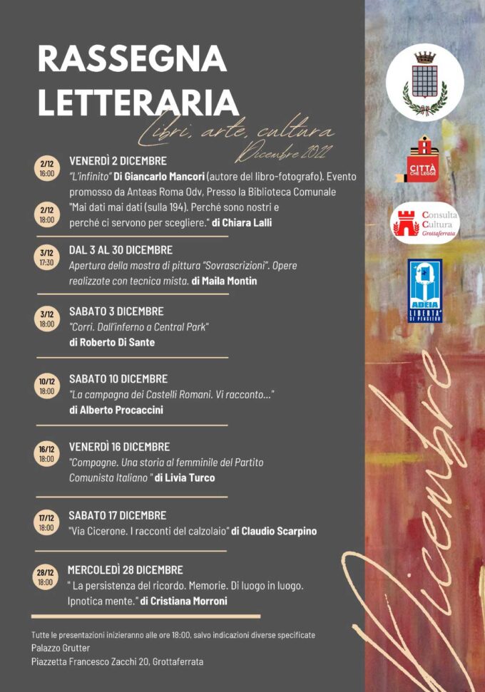 RASSEGNA LETTERARIA – Ogni settimana libri, arte e cultura a Palazzo Grutter