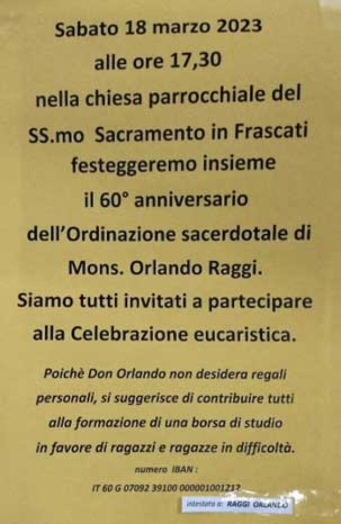 Frascati – Celebrazione del 60° di ordinazione di don Raggi