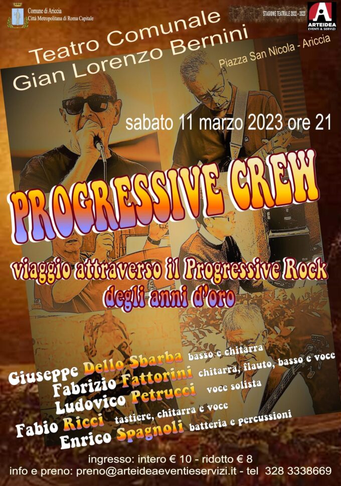 Sabato 11 al Teatro Bernini, musica con i “Progressive Crew”   